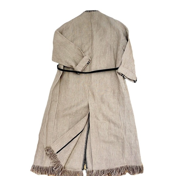 Zara Woman Stripe Wrap Dress Coat Sz Med Belted Linen Fringe Hem Roll Up Sleeves - Picture 6 of 14